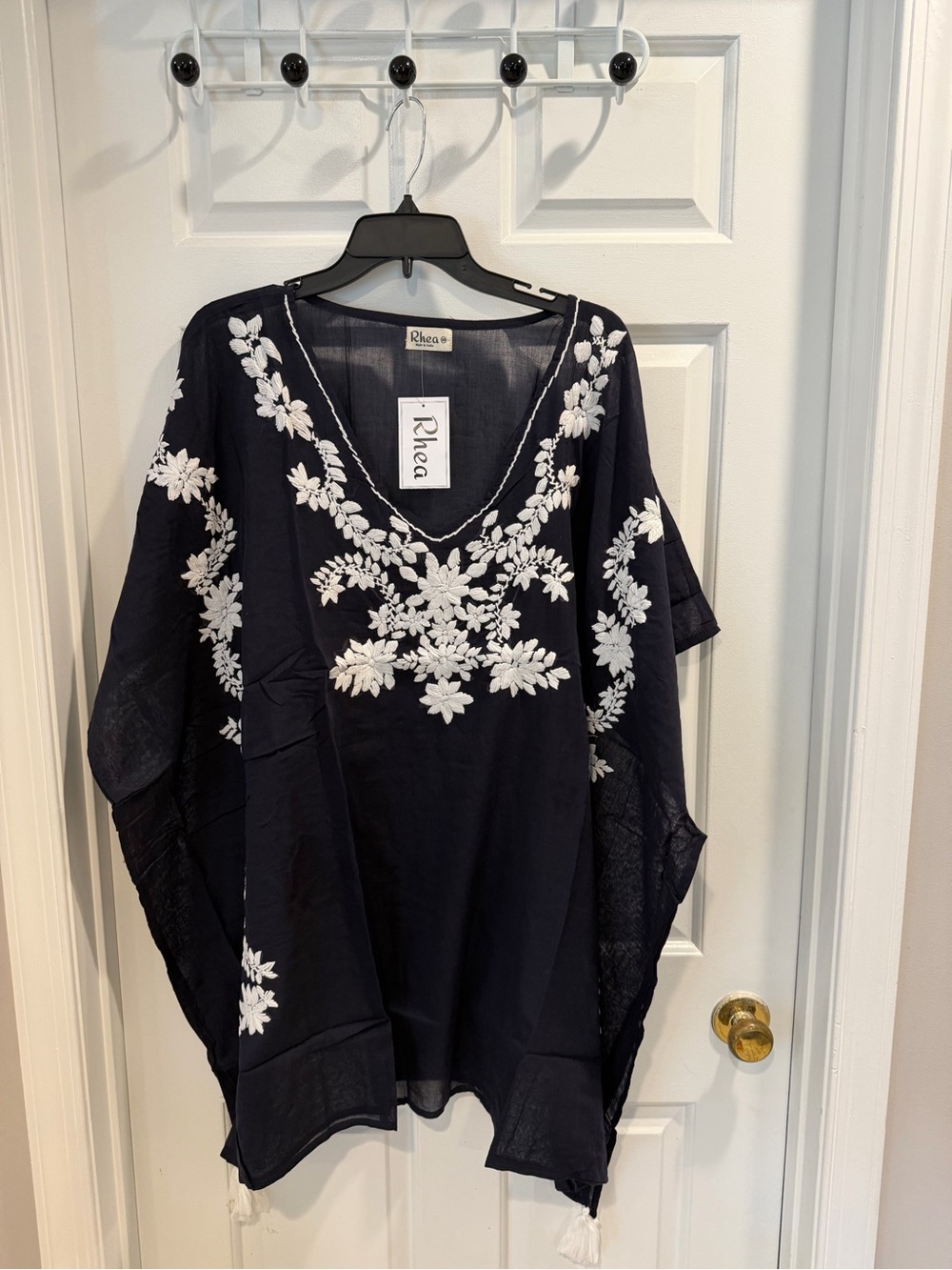 NWT Rhea Kaftan Swim Coverup Embroidered Black White Floral Detail OSFM